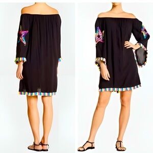 LA MODA Lily Off-The-Shoulder Neon Star Fringe Swim Swimsuit Coverup Boho Dress